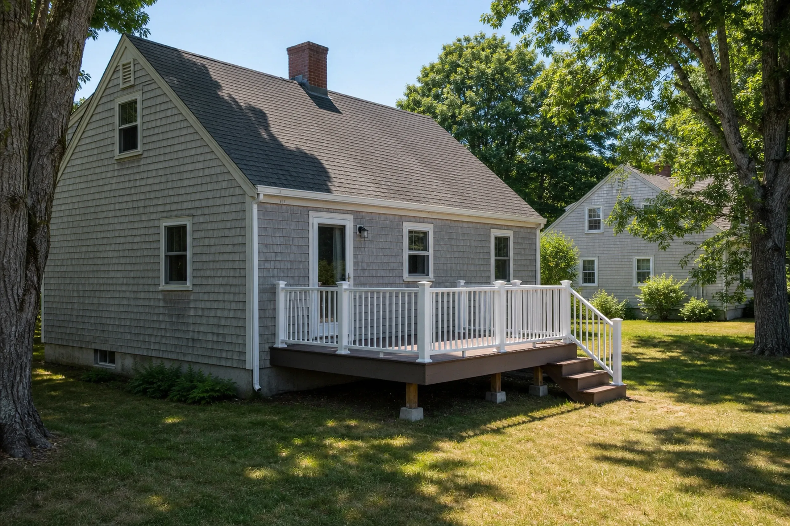Gray shingle Cape house with a small elevated composite deck, white railing and stairs down to the lawn.
