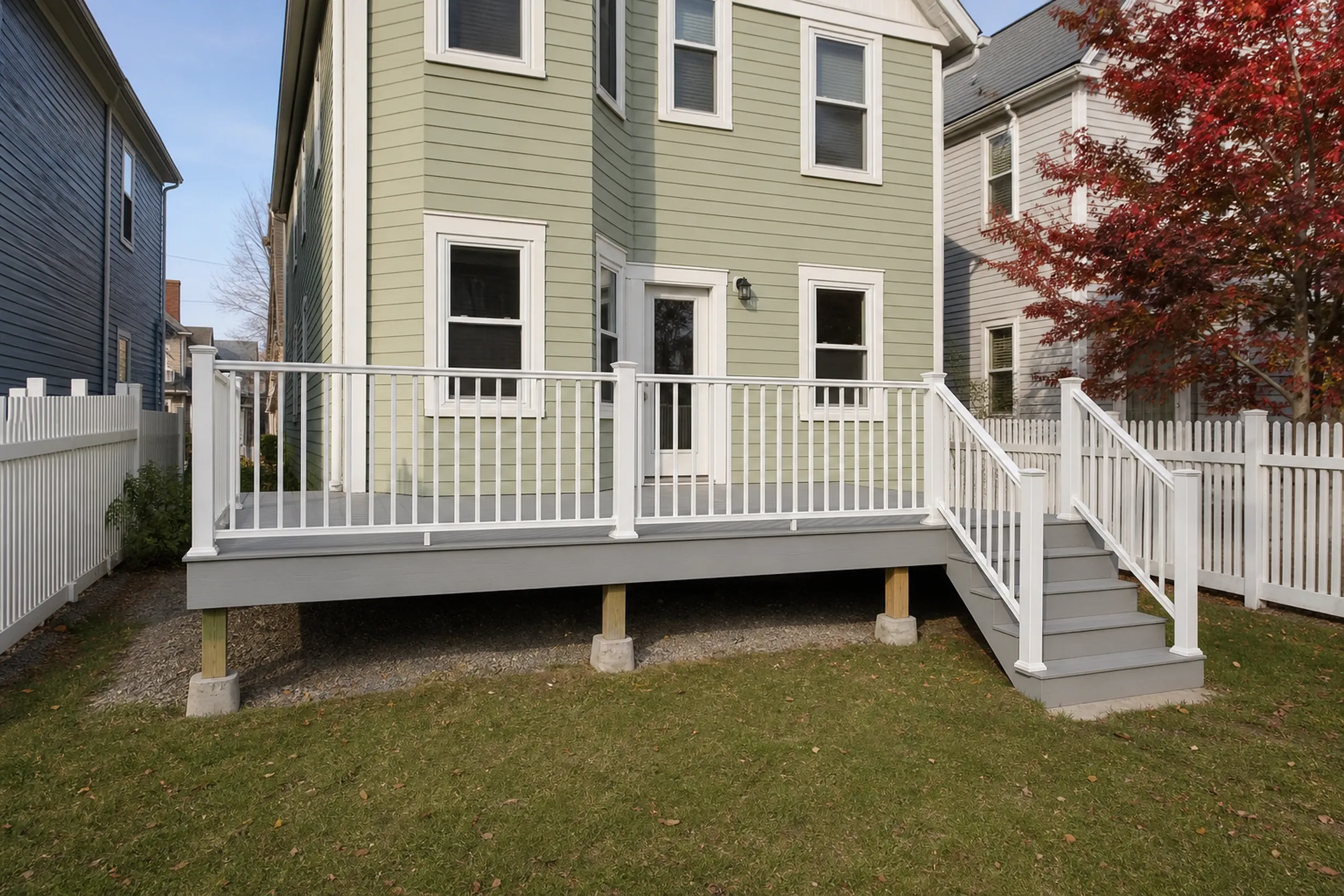 Raised gray deck with white railings and stairs attached to a light green two-story house, no people visible.