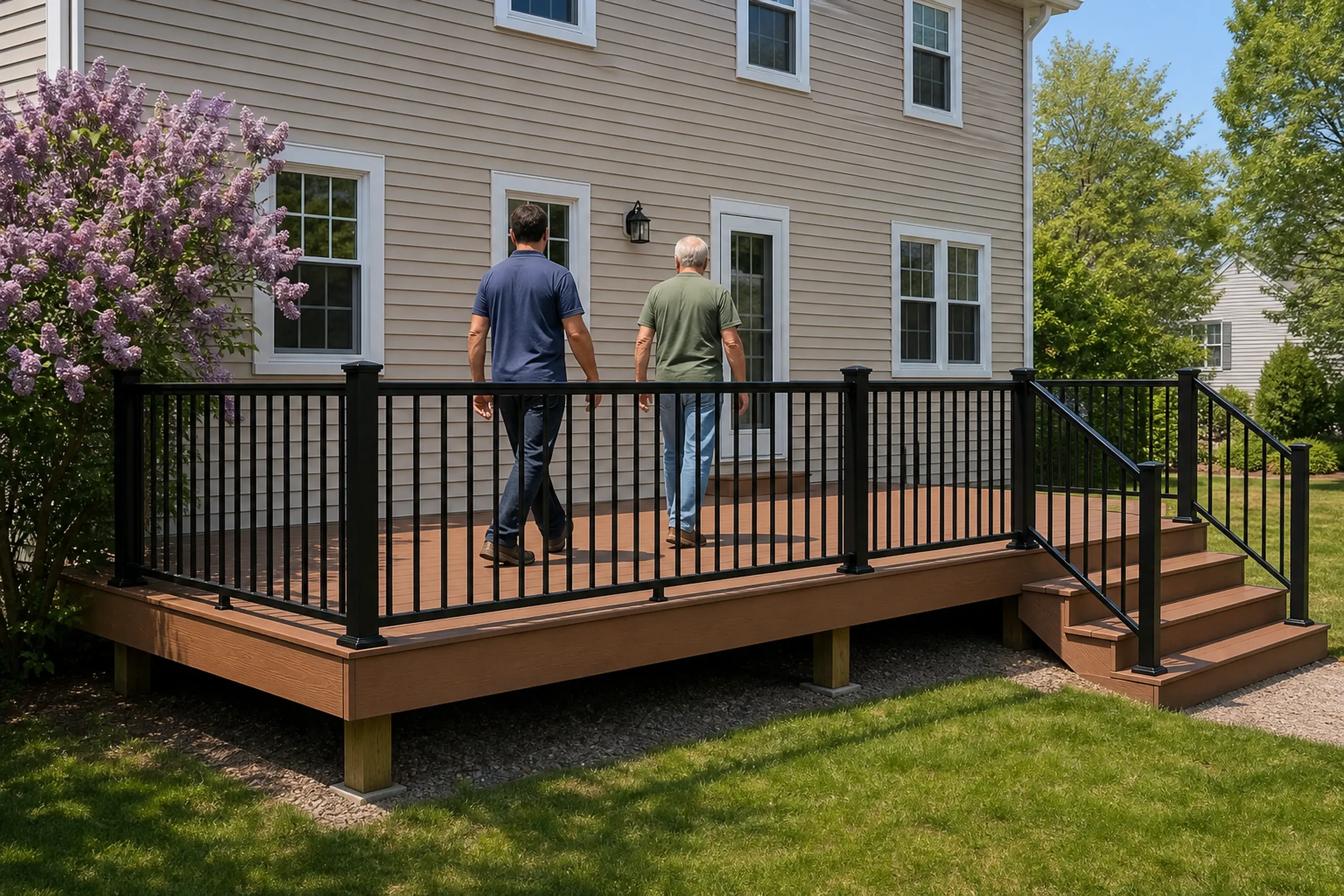 Two men walk on a brown wooden deck with black metal railing attached to a beige two-story house.