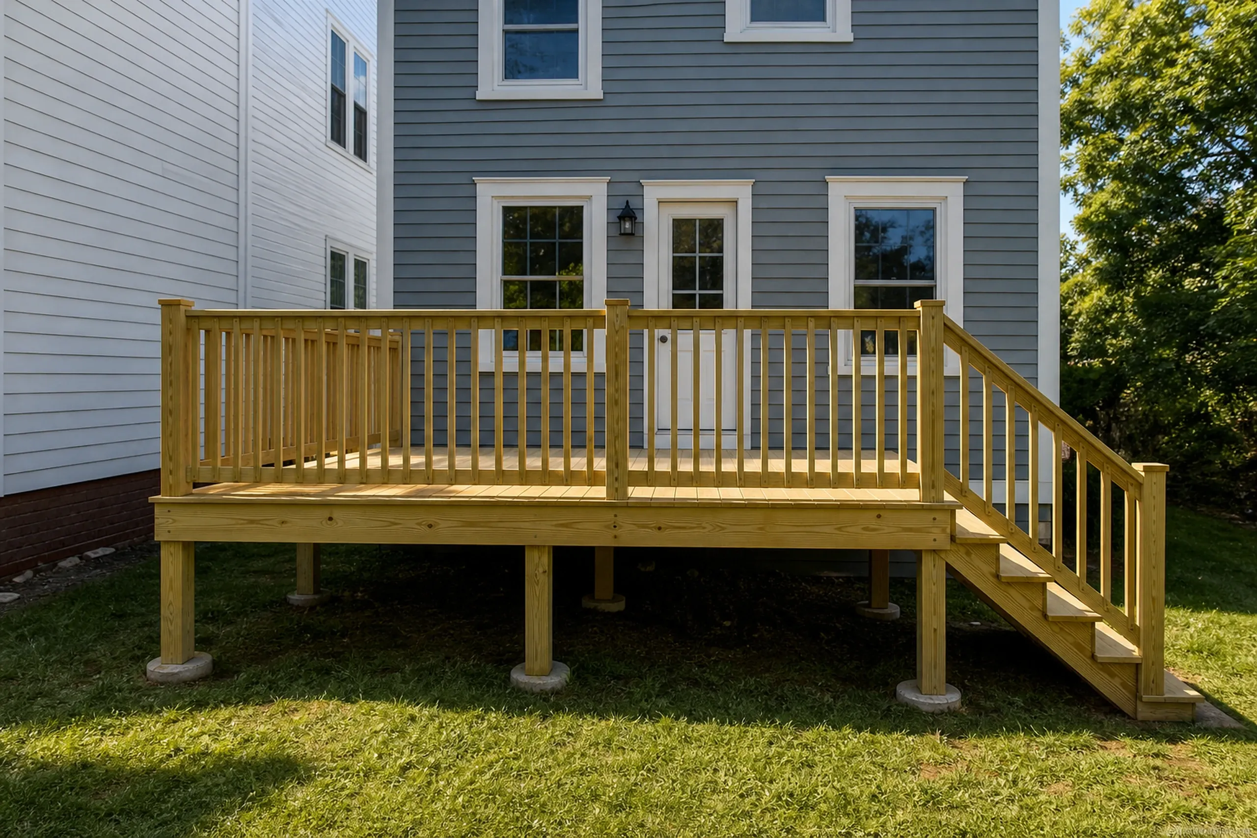 Wooden deck with vertical railing and stairs attached to a two-story gray house with three windows and a white door; no people visible.