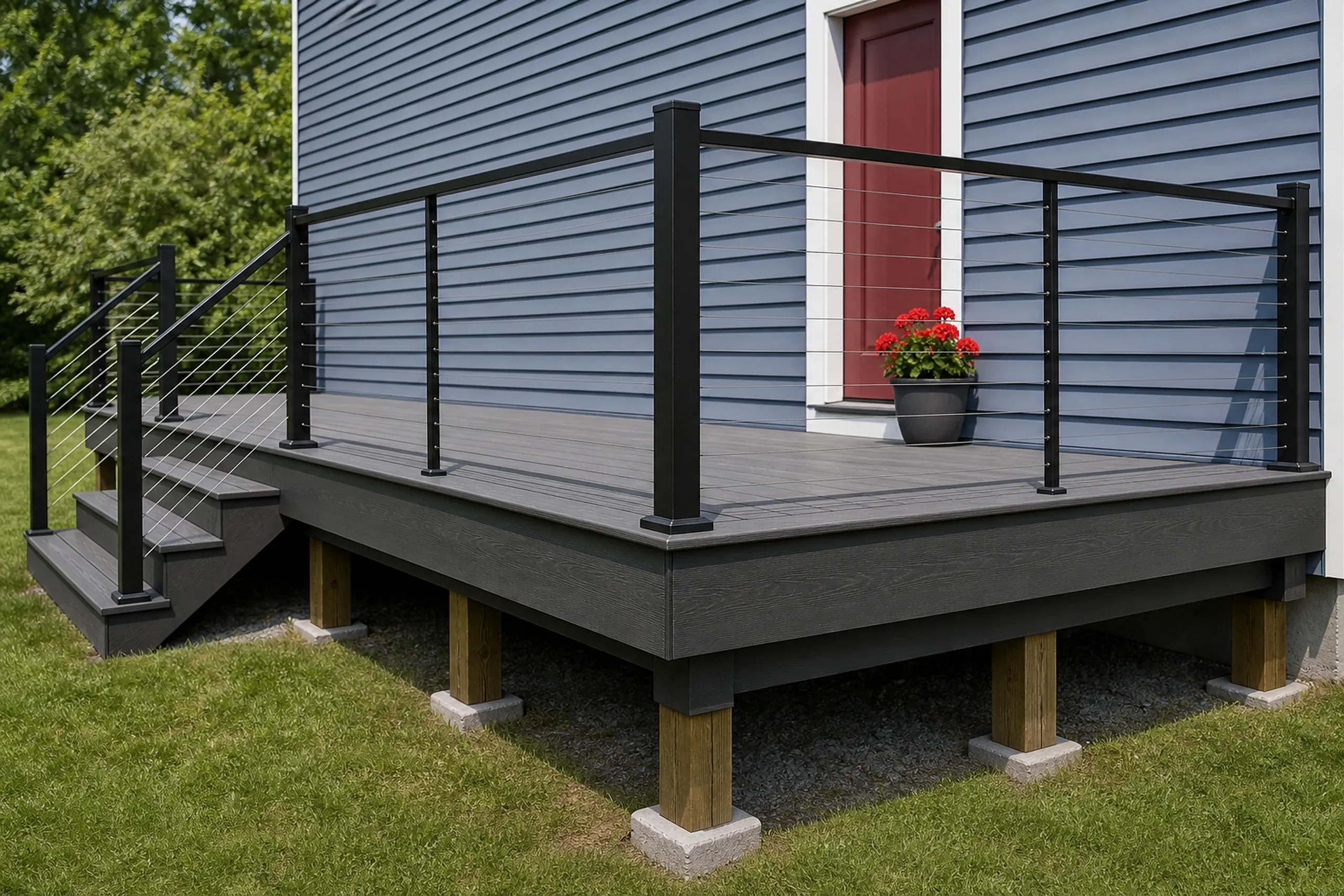 A gray raised deck with black cable railing and stairs is attached to a blue house with a red door and a potted plant.